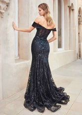 Natalie | Stunning Black Sequin Off the Shoulder Mermaid Corset Prom Dress - Black - PromDressClub